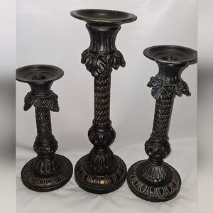Antique-Style Black and Gold Candle Holder Trio